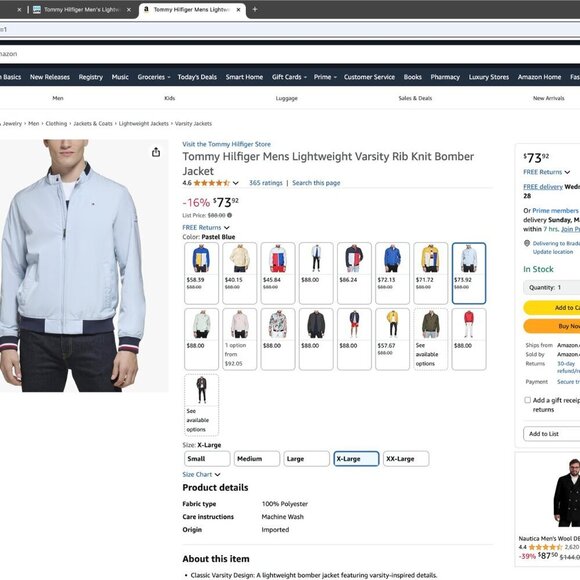 Tommy Hilfiger Men's Lightweight Varsity Rib Knit Bomber Jacket, Pastel Blue - Picture 5 of 7